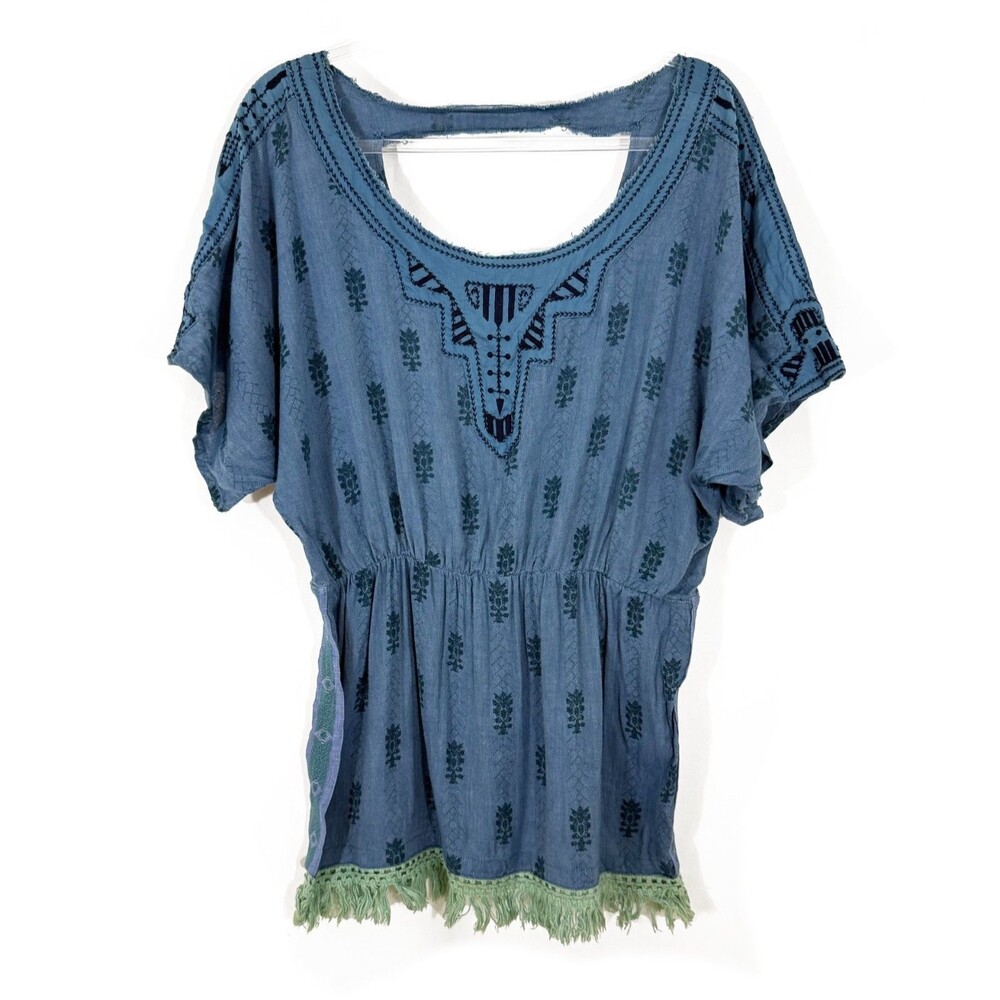 FREE PEOPLE African Rain Embroidered Tunic Top S Blue Kimono Cutout Vintage B50